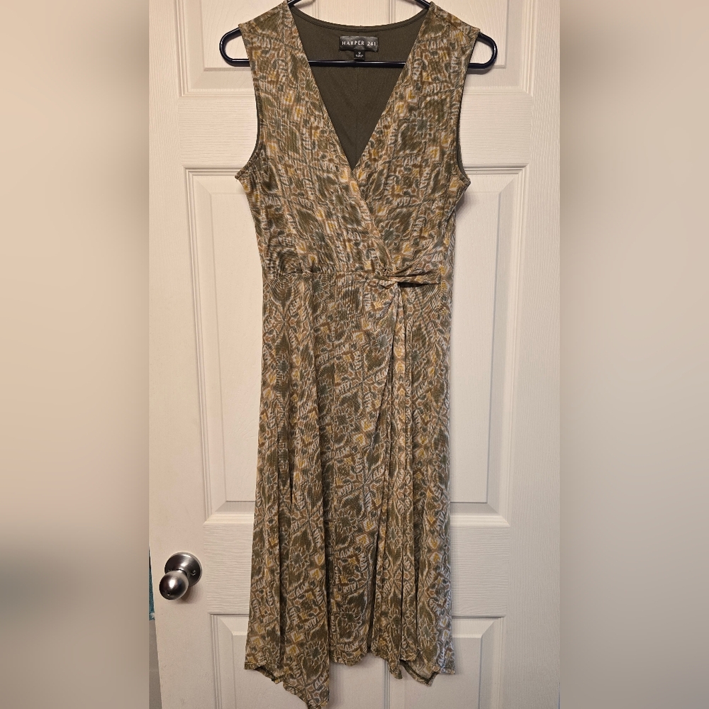 Harper Olive and Cream Patterned Midi Dress